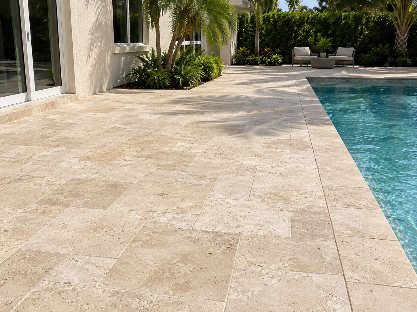 Illustration of a natural travertine pool deck beside a Florida home