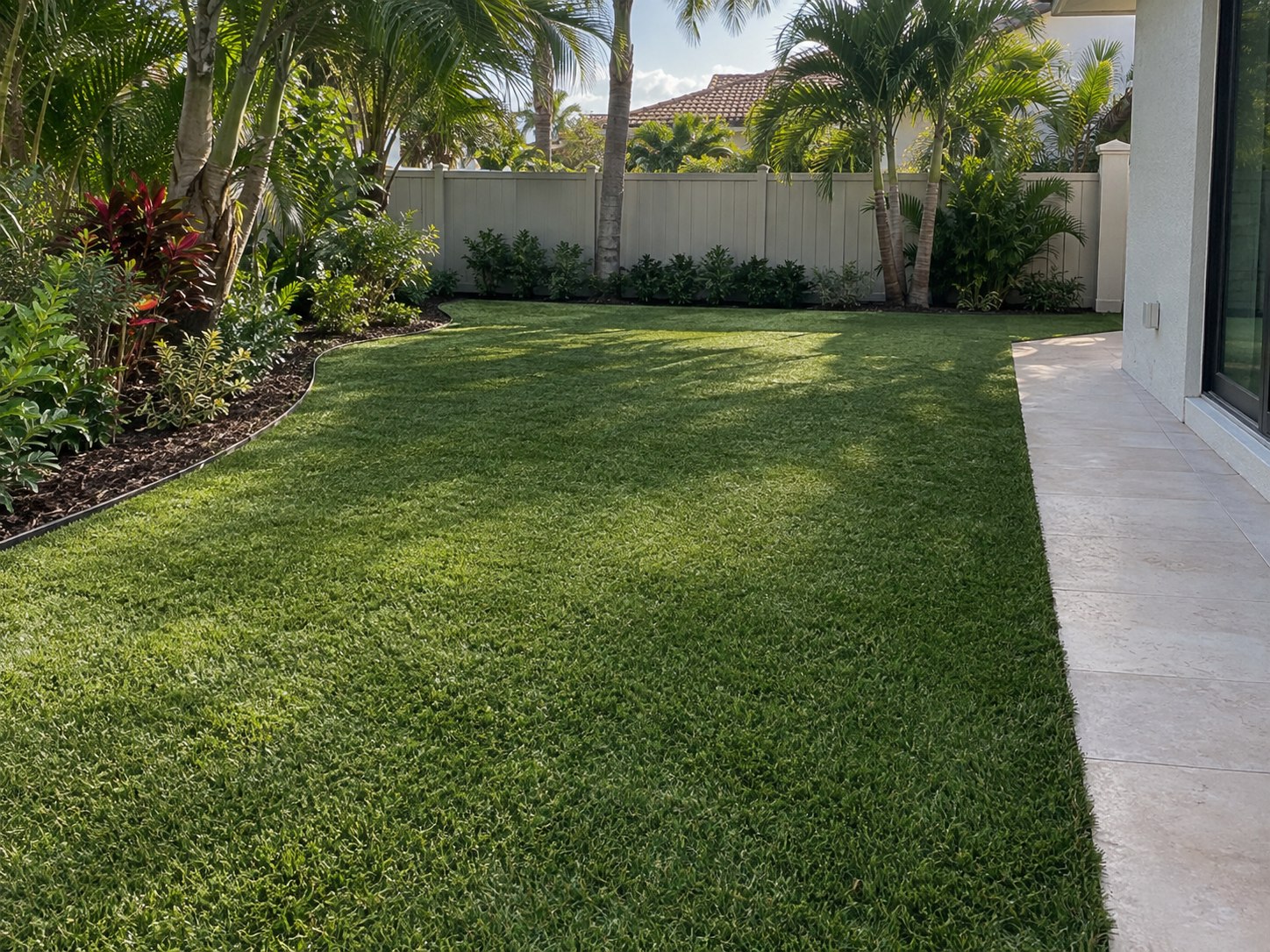 Illustration of an artificial-turf backyard bordered by tropical landscaping