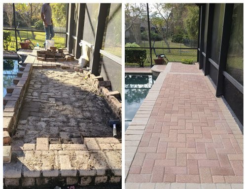 Supplied comparison showing poolside paver repair work and the finished walkway