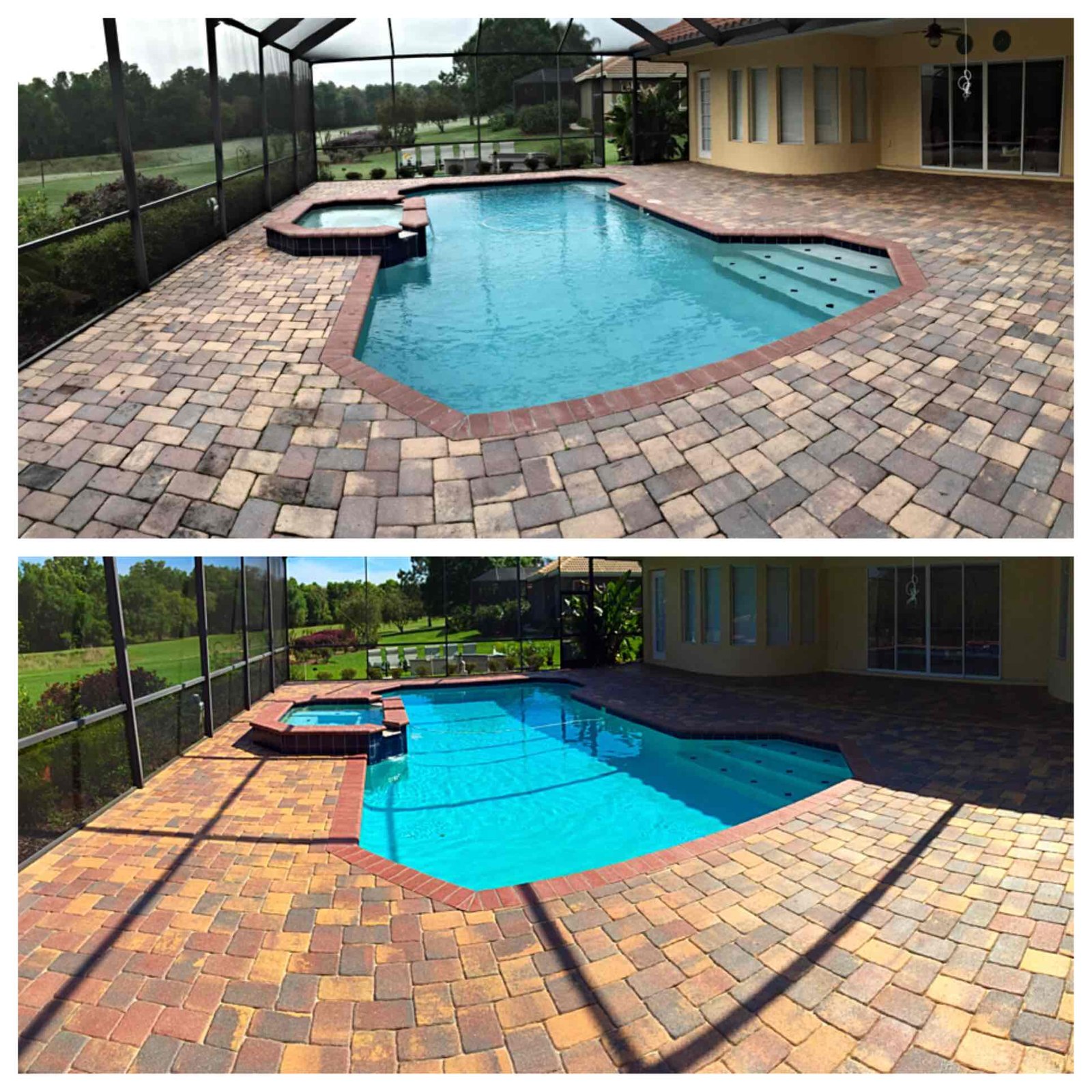 Supplied before-and-after comparison of a paver pool deck