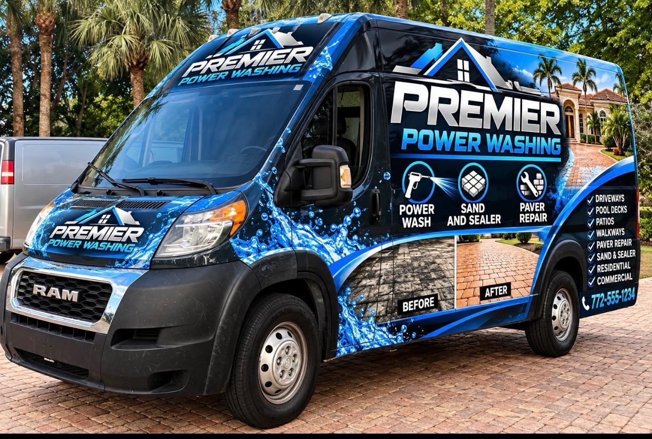 Premier Powerwashing service van with blue and black branding