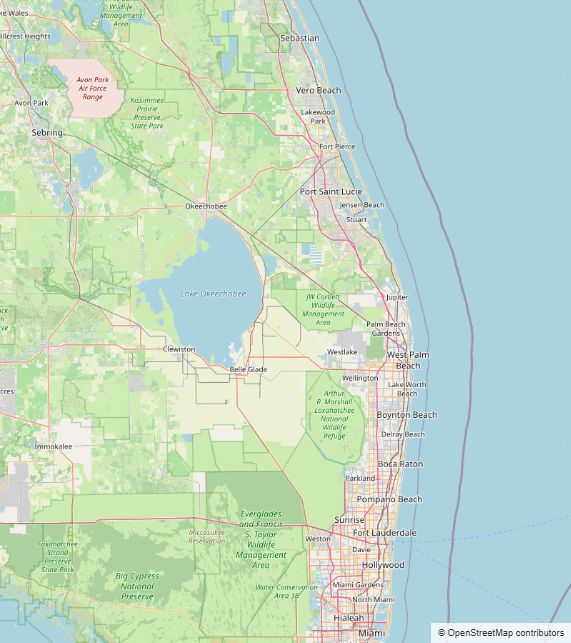 Static map of southeast Florida showing the Treasure Coast, Palm Beach County, and Broward County, from Vero Beach through Fort Lauderdale